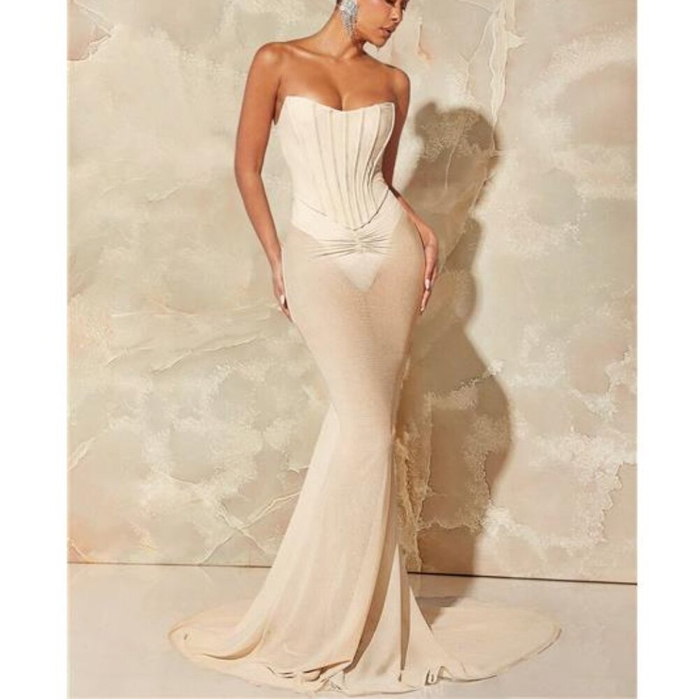 NEW - Elegant Khaki ApCorset Strapless Mermaid‎ Hem Party Dress